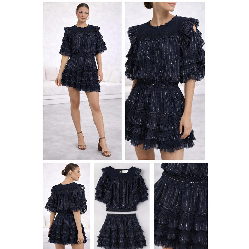 MISA Los Angeles 2 Piece Set XS Navy Metallic Stripe Ruffle Top Skirt Boho